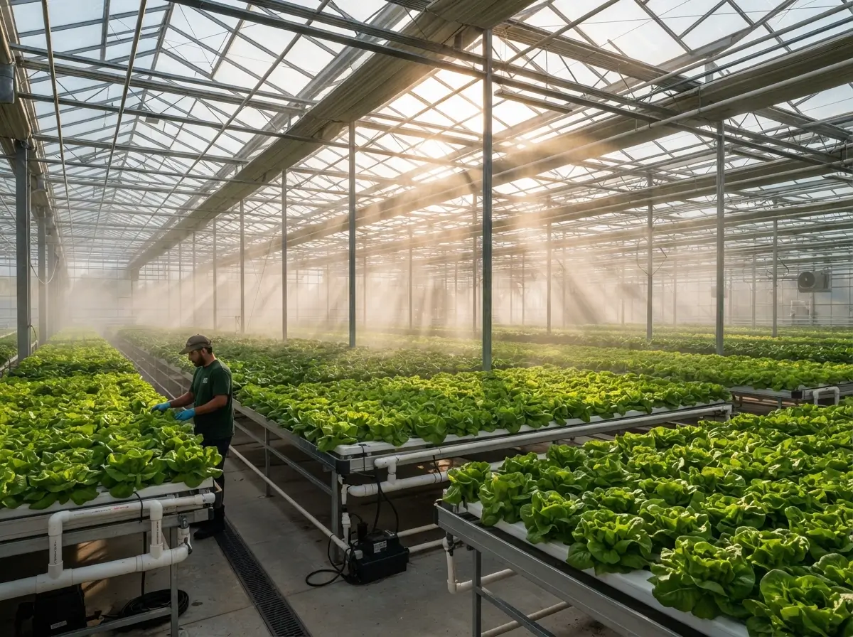 Modern commercial greenhouse facility with automated high pressure misting system hydrating lush crops under steel roof framework